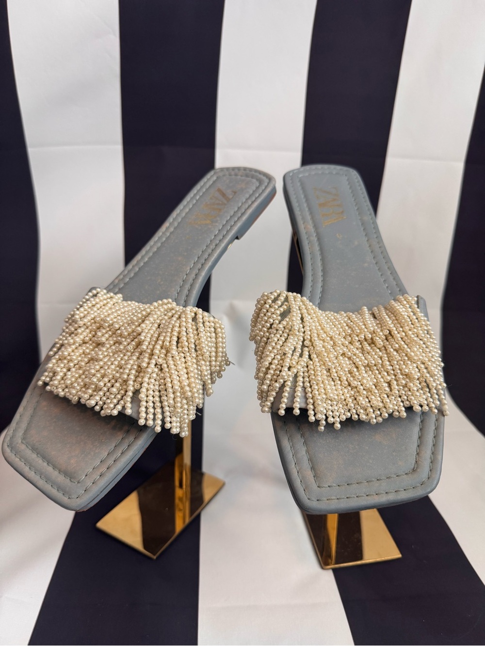 Zara Pearl-Fringe Slide Sandals in Cream and Gray